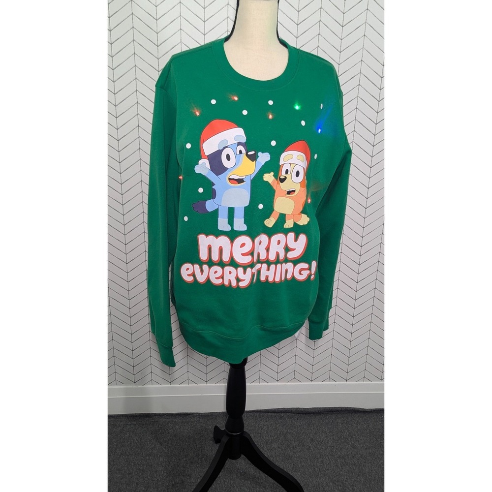 Bluey Sweatshirt Mens Large Green Christmas Light Up Holiday Winter Ugly Sweater